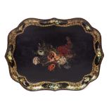 A Victorian Scottish black papier mache tray, stamped R Gray & Son, Glasgow, of serpentine outline,