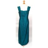 An aqua long evening dress.