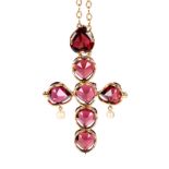 A French gold and garnet crucifix pendant, with two pendant seed pearls,