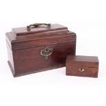 A George III mahogany rectangular tea caddy, the moulded hinged cover enclosing three divisions, 23.