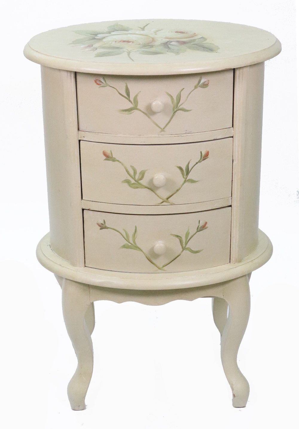 A modern oval floral painted three drawer chest, on cabriole legs, 47cm wide, - Image 2 of 6