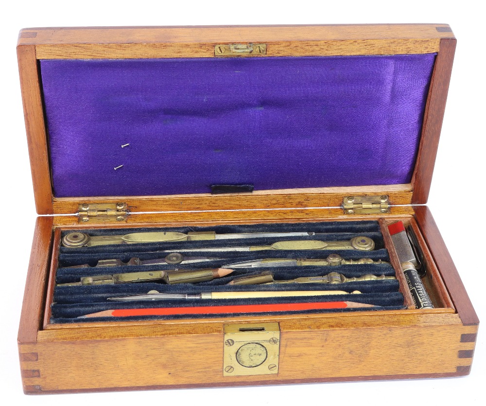 A mahogany campaign style box of brass, steel, wood and other drawing instruments, - Image 2 of 3