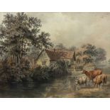 English School, 19th Century, A cottage by a stream with cows watering nearby, watercolour,