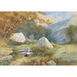 English School, 19th Century, A mountainous landscape with a woman seated by rocks,