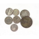 William IV half Rupee 1835, one Rupee 1887, Napoleon III 50 Cent 1859, Portuguese 100 Reis 1859,