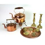 An Aesthetic period oval copper and brass kettle, on spirit heater stand,