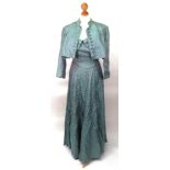 A blue and grey silk evening dress with matching jacket (2).