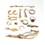 Assorted yellow metal items; a fancy curb link chain, a pair of Greek key pattern pendant earrings,