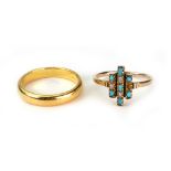 A 22ct yellow gold ring, Birmingham 1936, and a cabochon turquoise and seed pearl ring,