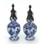A pair of small Chinese silver mounted blue and white vases, the porcelain Kangxi,