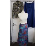 A blue silk evening skirt, unlabelled, an Adini multi-coloured skirt, and a Lady Laird blouse (3).