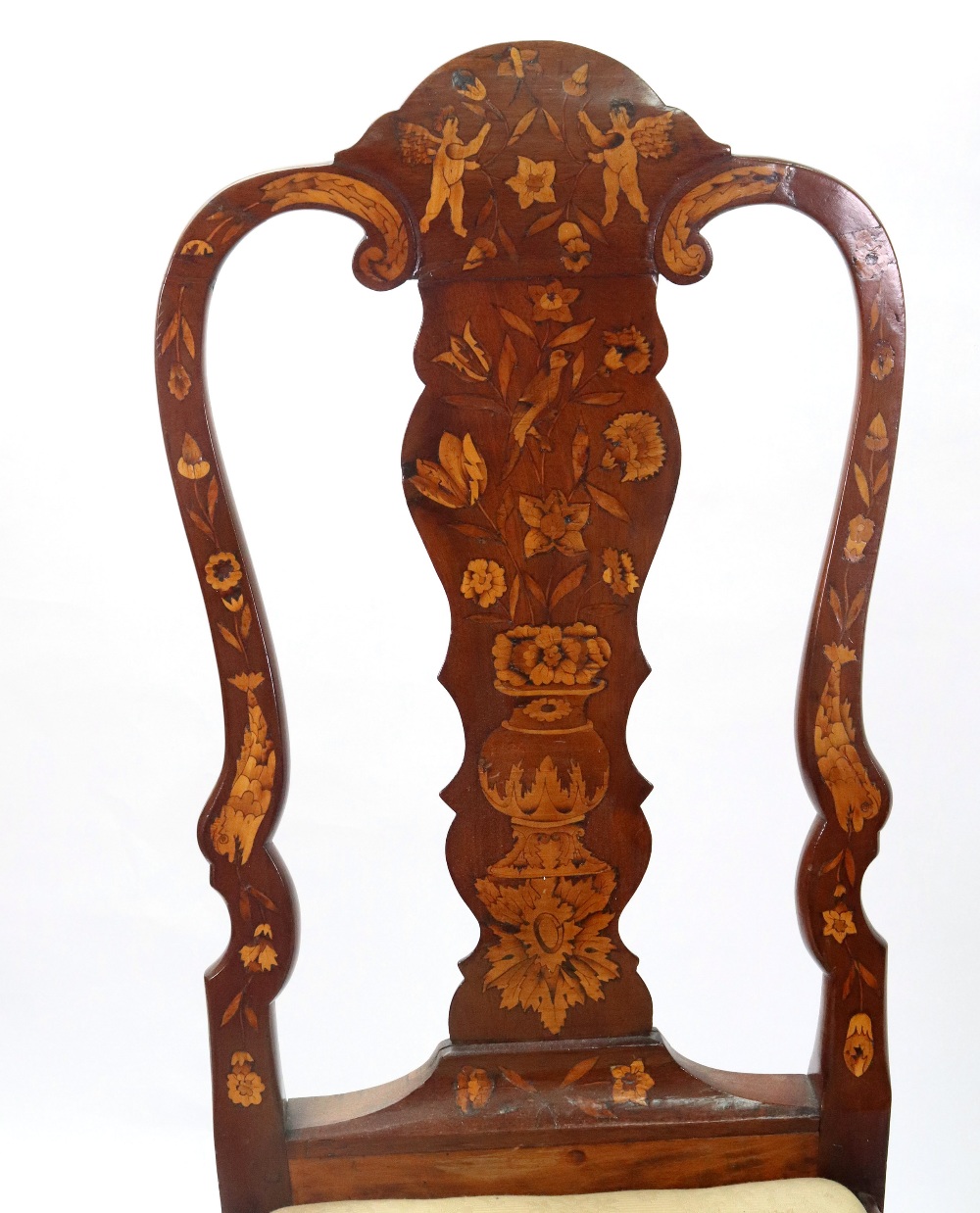 A pair of Dutch walnut floral, bird and figural marquetry dining chairs, 18th century, - Image 2 of 5