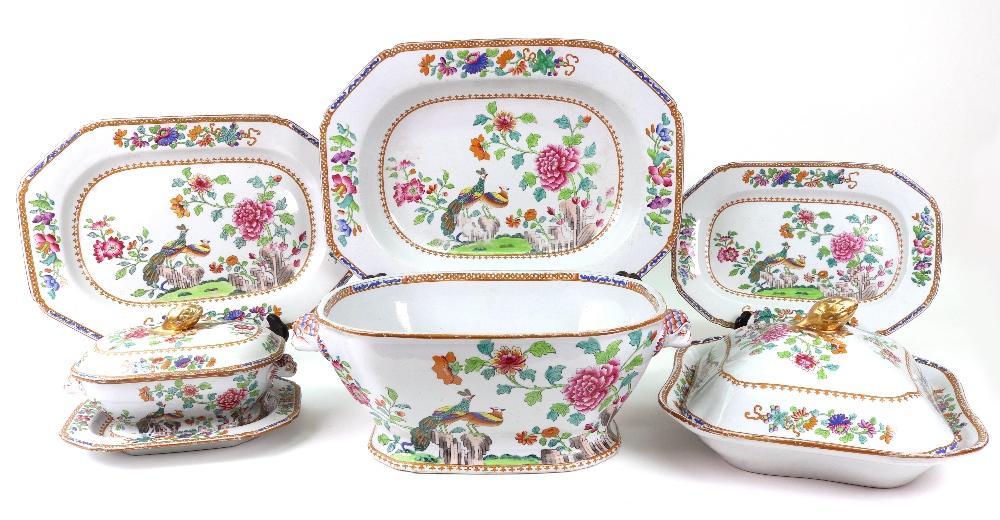 A Spode stone china peacock pattern part dinner service, a pair of soup tureens, lacking covers,