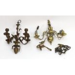 A Dutch brass chandelier, 19th century, with four cast scrolling branches, 30cm high,