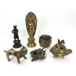 A group of Asian bronze and brass items, comprising, a Chinese bronze figure of a boy,