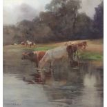 Mildred Anne Butler (Irish, 1858-1941), Cows watering at a river, signed 'Mildred A.