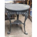 A Victorian ornate cast iron pub table, later grey painted, with Britannia headed scroll legs,