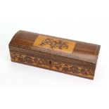 A Victorian Tunbridgeware narrow rectangular box, with domed hinged cover, foliate decorated,