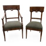 A set of eight Italian reproduction Louis XVI style walnut and poplar wood dining chairs,