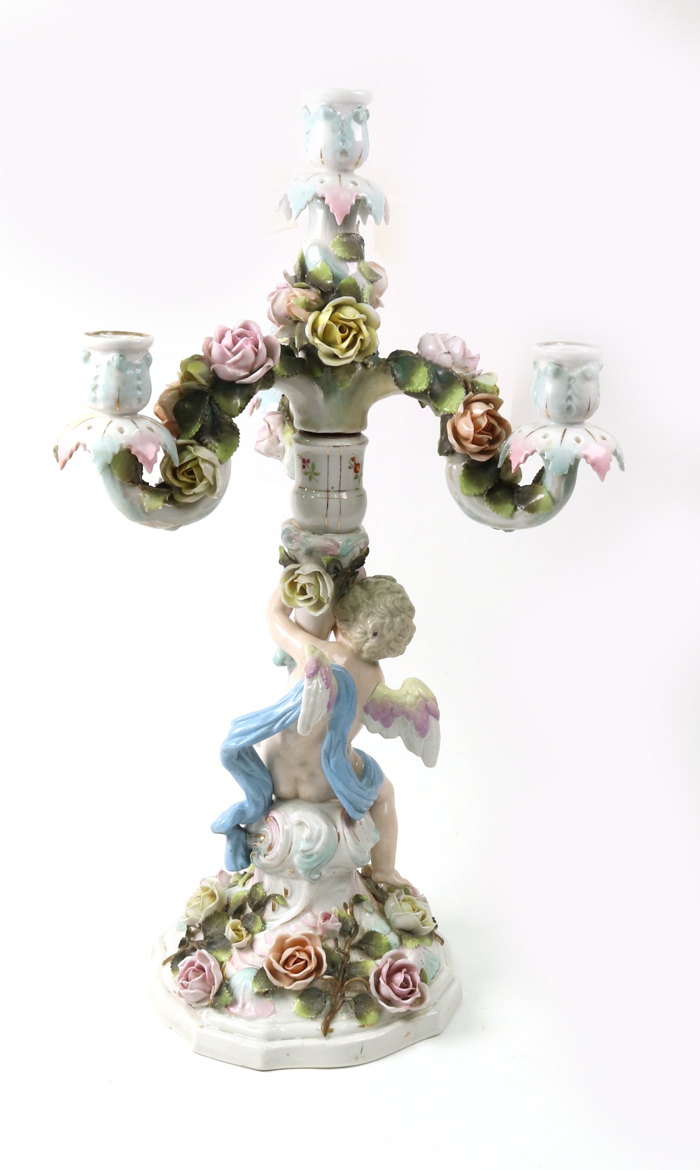 A Sitzendorf porcelain three light candelabrum encrusted with roses, having scrolling branches, - Image 2 of 3