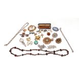 A quantity of mostly costume jewellery to include; an amber and gold cheroot holder, cased,