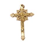 A gold Corpus Christi crucifix pendant, 7.2cm long, unmarked, tests as 9ct gold, 16.6g.