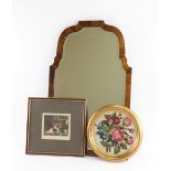 A reproduction early 18th century style arched walnut frame easel toilet mirror,