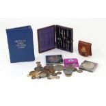 A William IV silver half crown 1836, various other English coinage, and a few other items,