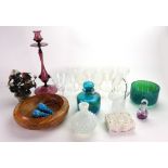A set of six fruiting vine etched facet cut drinking glasses, amethyst glass candlestick,