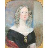 English School, 19th Century, Portrait miniature of a lady in a black dress with a tartan shawl,