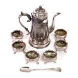 A Victorian Britannia metal coffee pot, inscribed 'Presented to Sergt. Instr. in Musketry J.