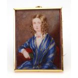 English School, 19th Century, A portrait miniature of a girl in a blue dress,