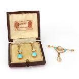 A pair of yellow gold, cabochon turquoise and seed pearl pendant earrings, early 20th century,