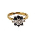 An 18ct yellow gold, sapphire and diamond cluster ring, London 1967, ring size L, 4.2g gross.