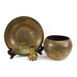 A group of Islamic brass ware, late 19th/20th century, comprising: a jardiniere,