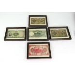 A collection of five Chinese bank notes, in glazed frames.