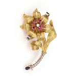 A ruby and diamond flower brooch, modern,