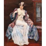 English School, 20th Century, A female nude with a dressing gown draped off her shoulders, gouache,