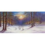 After Joseph Farquharson, Sheep in a snowy woodland at sunrise,