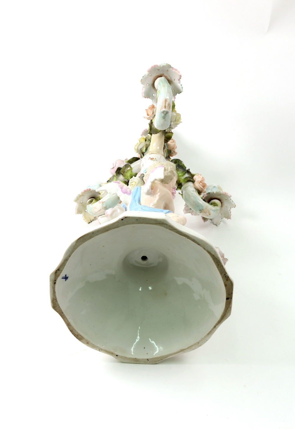 A Sitzendorf porcelain three light candelabrum encrusted with roses, having scrolling branches, - Image 3 of 3