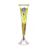A contemporary silver and okra glass flower vase, Mappin & Webb, Birmingham assay, of trumpet shape,