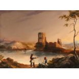 George Barrell Willcock (British, 1811-1852), Figures overlooking a ruin on a lake,