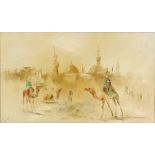 Middle Eastern School, Figures riding camels before a city; and a companion, a pair,