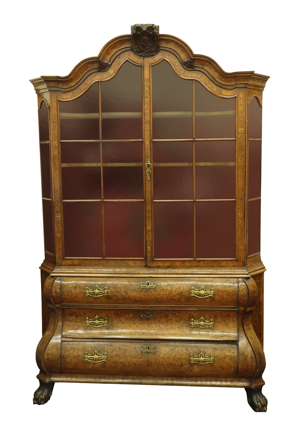 A Dutch walnut floral and bird marquetry display cabinet, circa 1780,