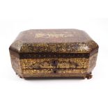 An early 19th century Chinese Export black lacquer chinoiserie decorated sewing box,