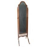 A reproduction mahogany frame cheval mirror, with arched top plate, on splayed legs, 160cm high.