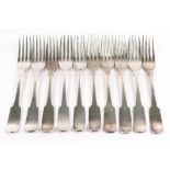 A set of ten George III Irish silver fiddle pattern dessert forks, M.