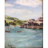 L Kyle & E Soames (British, 20th Century), Dinghies by an estuary quay, signed 'L Kyle,