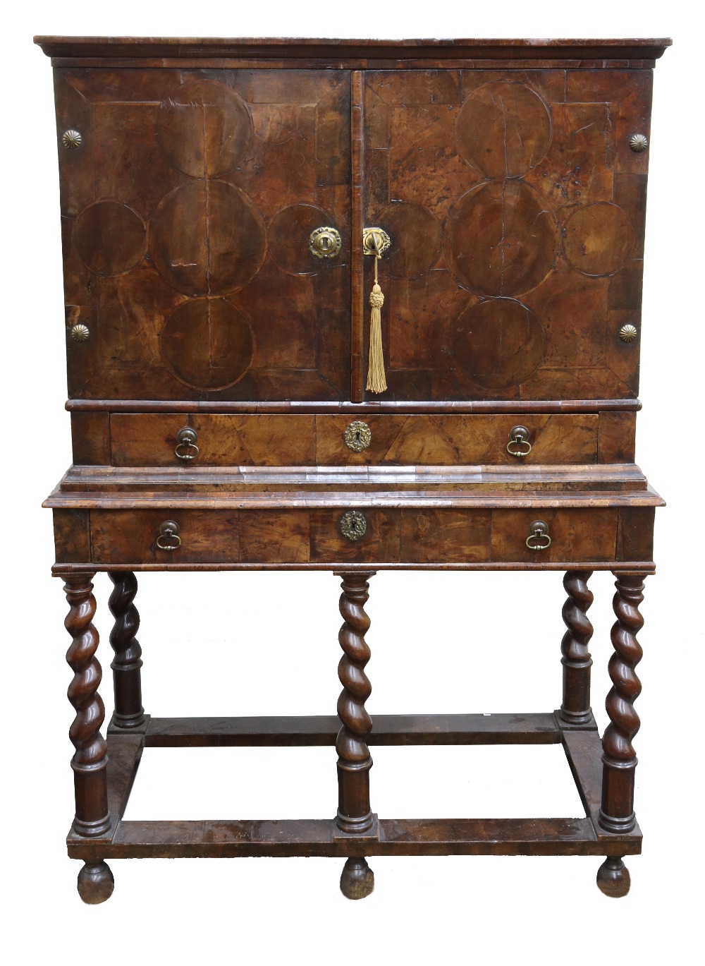 A William & Mary walnut crossbanded and oyster walnut isometric inlaid cabinet,