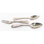 A Russian silver tablespoon, 1857, of hourglass shape, 22cm long, a similar table fork,